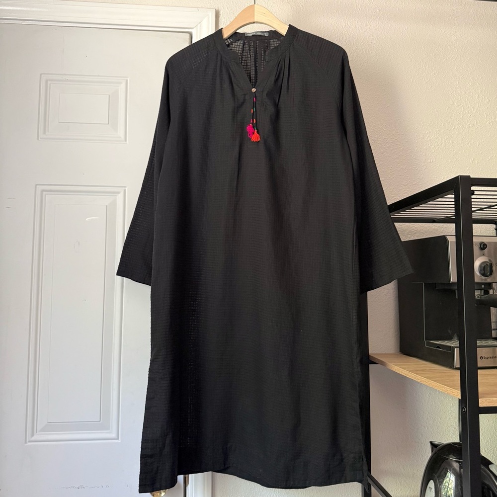 GENERATION WOMAN black cotton textured long sleeve tunic midi dress